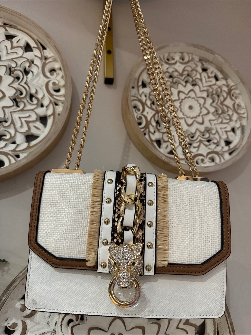 Aldo White and Brown Shoulder Bag with Gold Chain and Jeweled Tiger